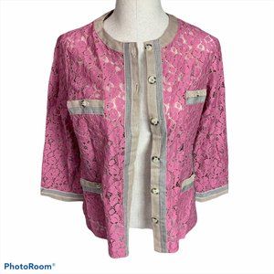 Linea Mauve Rose Lace Cardigan with Tan Trim XS